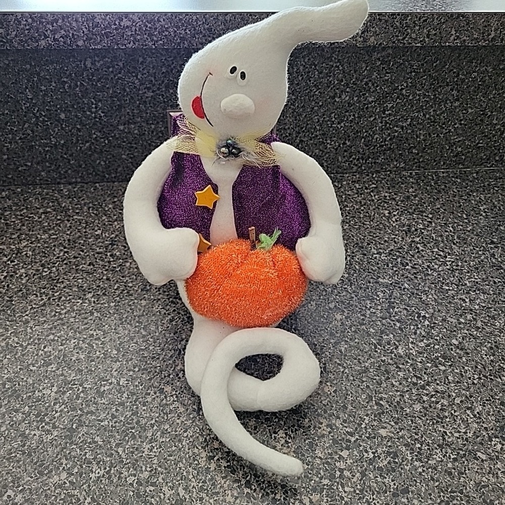 VINTAGE 2002 Halloween Ghost Shelf Sitter with Pumpkin Purple Vest Bow Tie